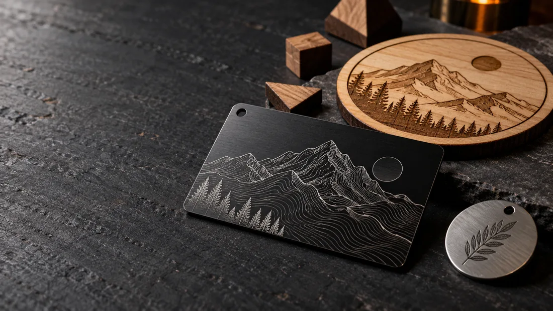 Illustrative concept of mountain artwork engraved on a black metal tag and wood coaster